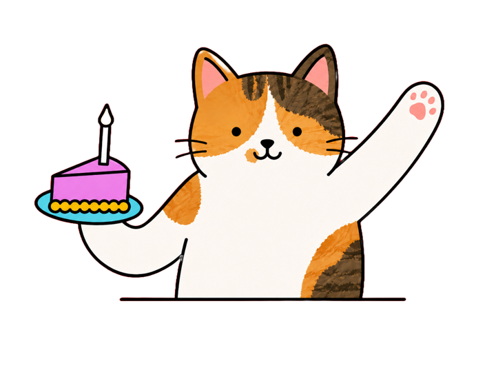 Neko-sensei the calico cat celebrating with a birthday cake